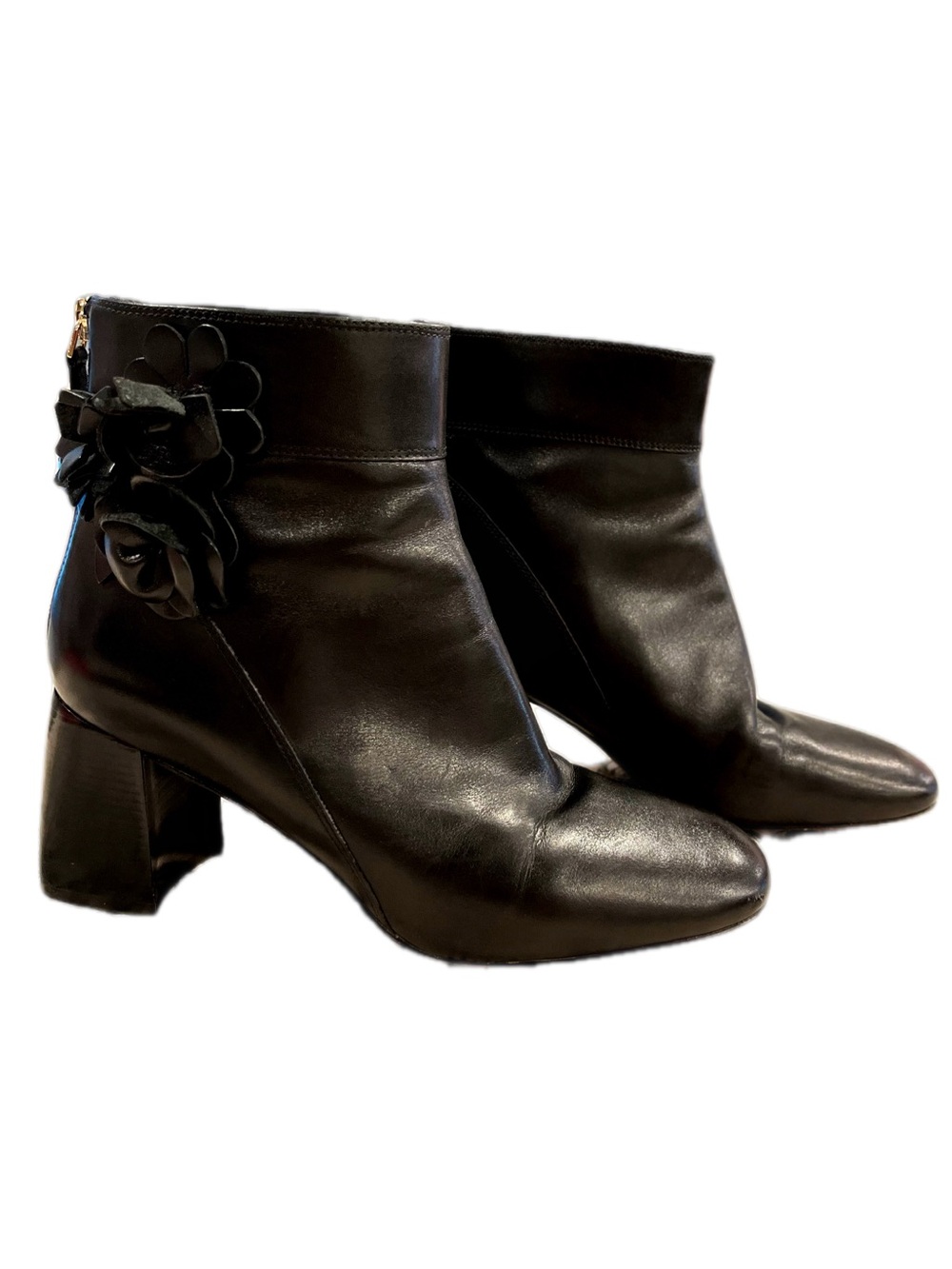 Tory Burch Black Blossom Leather Ankle Bootie Size 9M Whimsigoth Quiet Luxury